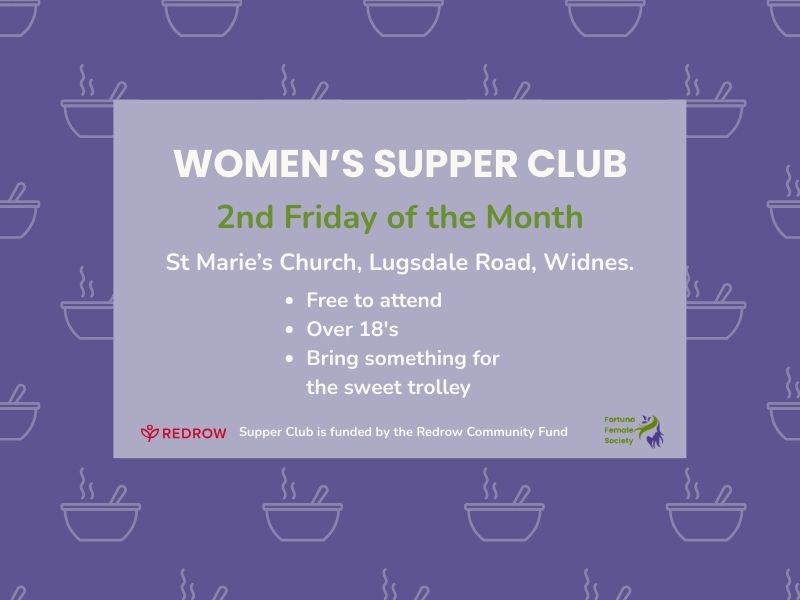 Women from Fortuna Female Society sat around tables set in a U shape. FFS monthly Supper Club at S Pauls Church Hall Widnes